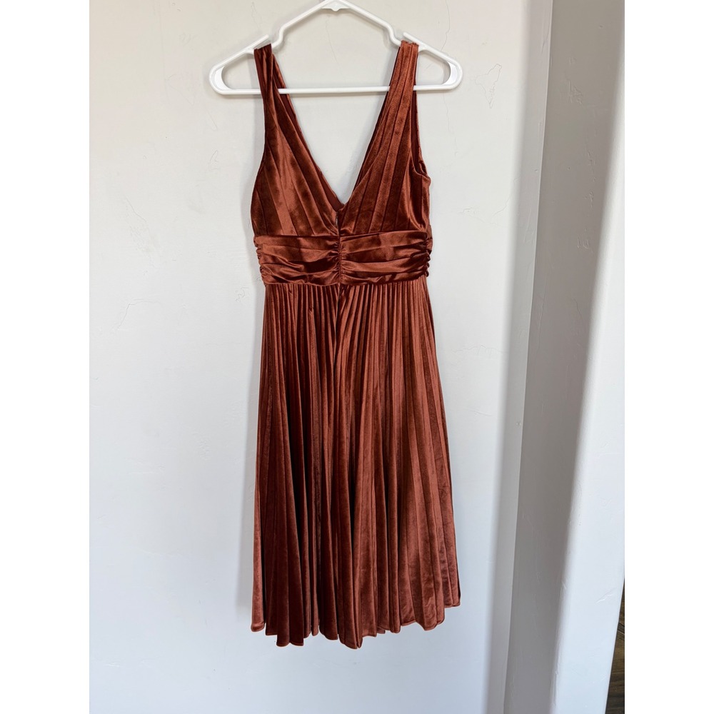 Copper Rust‎ Velvet Pleated V-Neck Midi Dress Sleeveless Ruched Cocktail Party